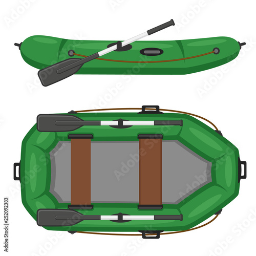 Inflatable boat with oars top and side view on a white.