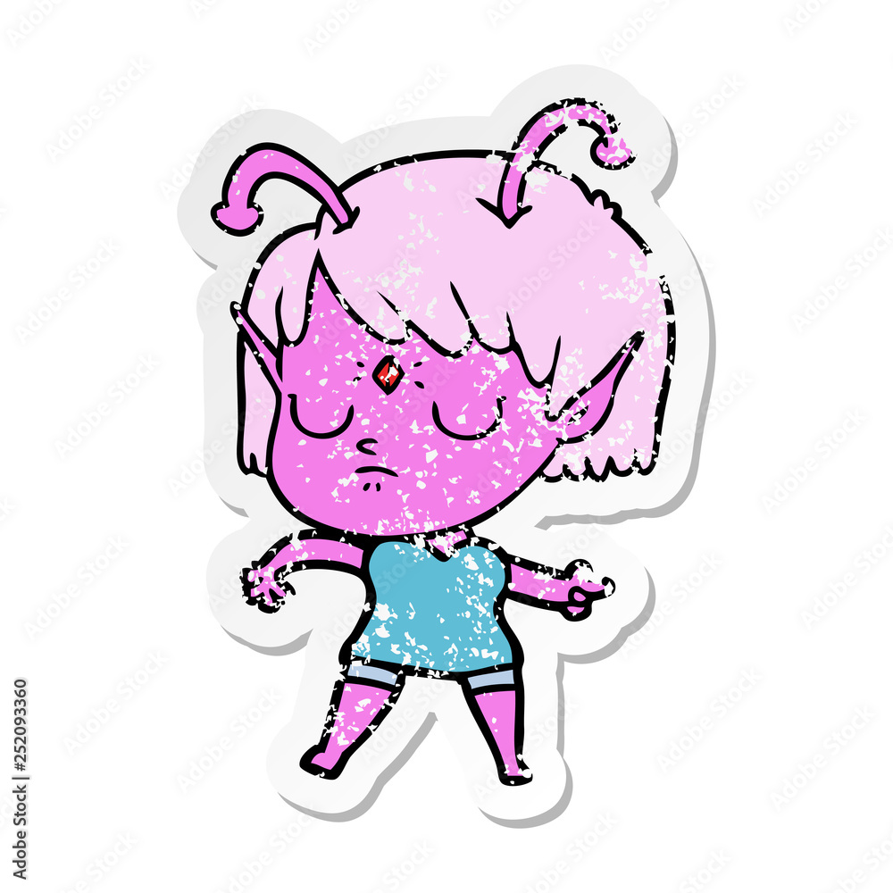 distressed sticker of a cartoon alien girl distressed sticker of a cartoon alien girl