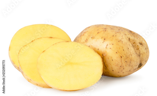 Potatoes and sliced pieces close up on a white. Isolated.