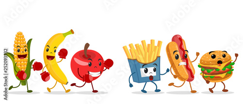 Ripe fruits in Boxing gloves chase harmful fast food on a white background.