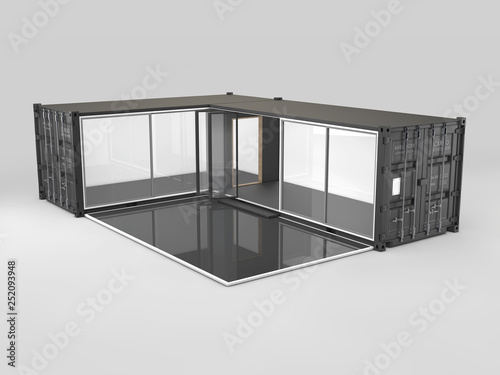 Converted old shipping container, 3d Illustration isolated gray.