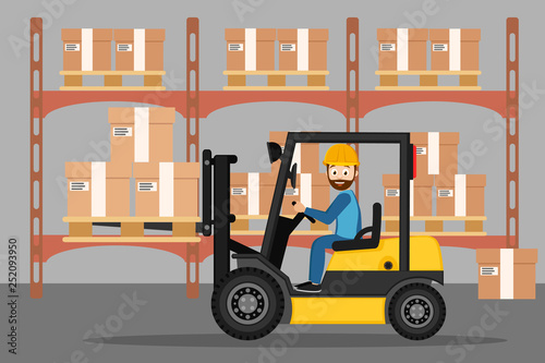 Driver of the forklift carries boxes in the warehouse.
