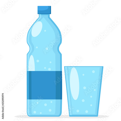 Carbonated water in plastic bottle and glass on a white.