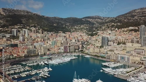 Monaco - 2018: Aerial Drone Monte Carlo sunset Europe yacht Architecture building casino success transport luxury travel