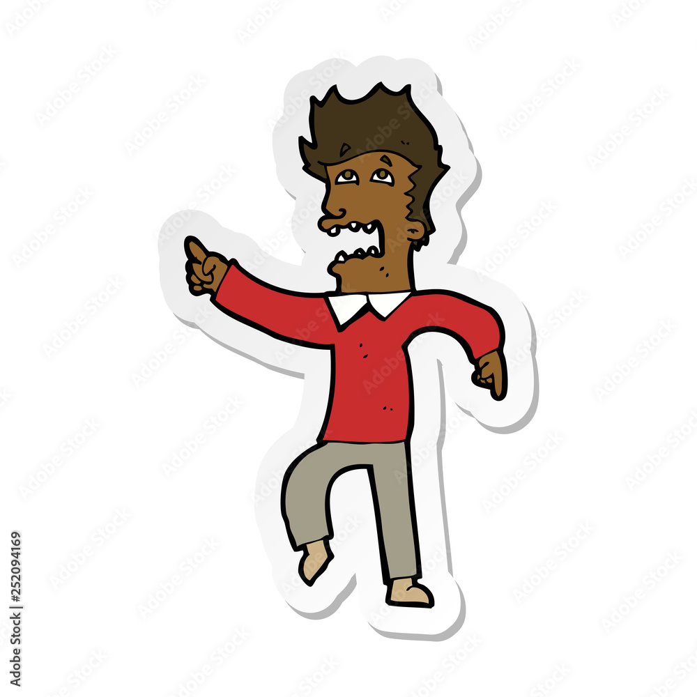 sticker of a cartoon frightened man pointing sticker of a cartoon frightened man pointing