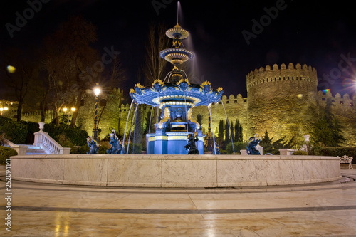 Fountain in the philarmony park in Baku city, Azerbaijan. Philharmonic Fountain Park. Azerbaijan State Philharmonic Hall is the main concert hall in Azerbaijan built in 1912 photo