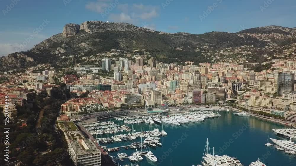 Monaco - 2018: Aerial Drone Monte Carlo sunset Europe yacht Architecture building casino success transport luxury travel Monaco - 2018: Aerial Drone Monte Carlo sunset Europe yacht Architecture building casino success transport luxury travel