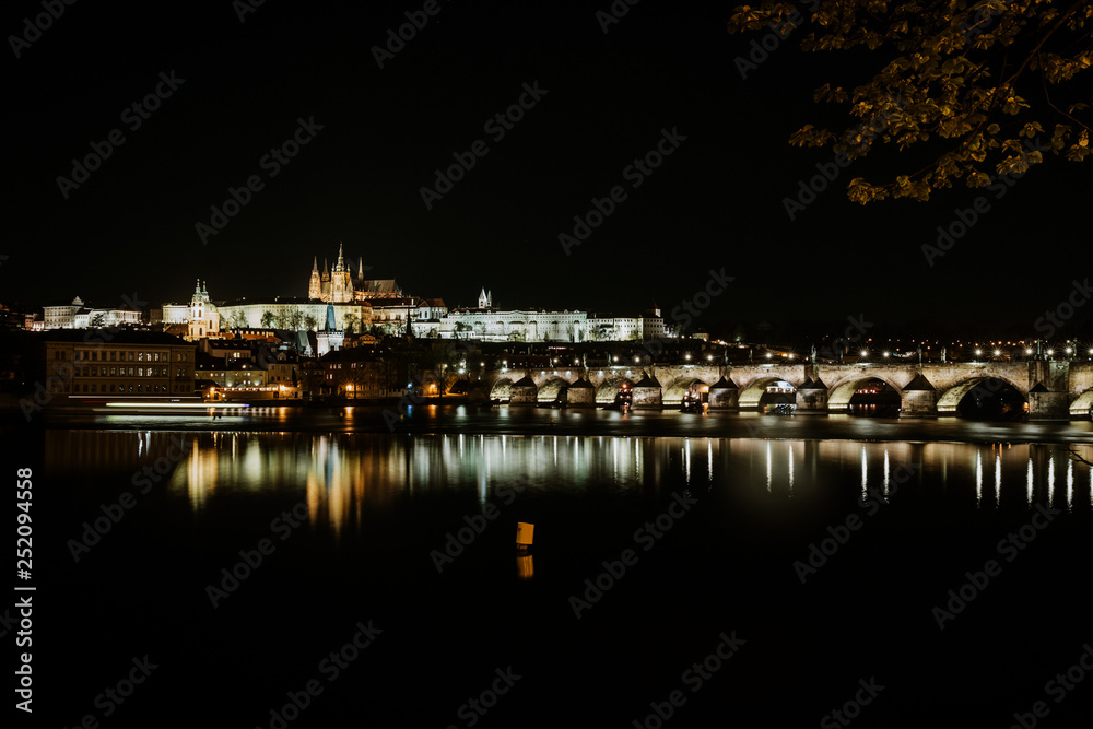 Night view with Charles Bridge and Prague Castle - Prague, Czech Republic