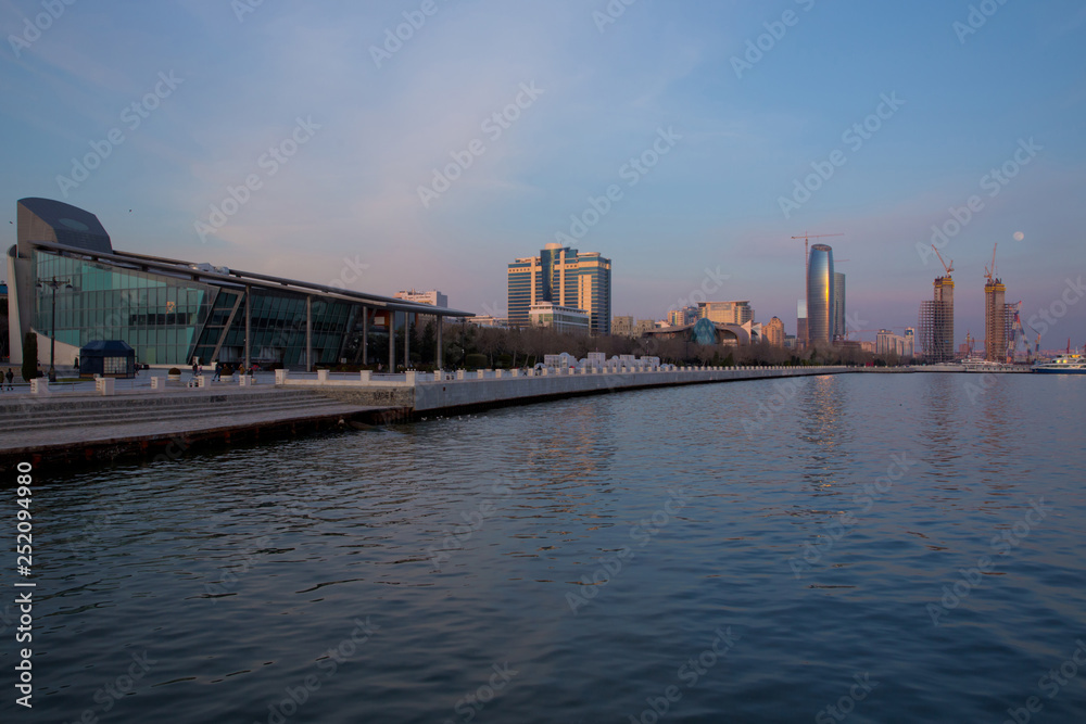 Baku, Azerbaijan - 02.02. 2018: Seaside boulevard. Baku is the largest city on the Caspian Sea and of the Caucasus region . Baku, Azerbaijan - 02.02. 2018: Seaside boulevard. Baku is the largest city on the Caspian Sea and of the Caucasus region .