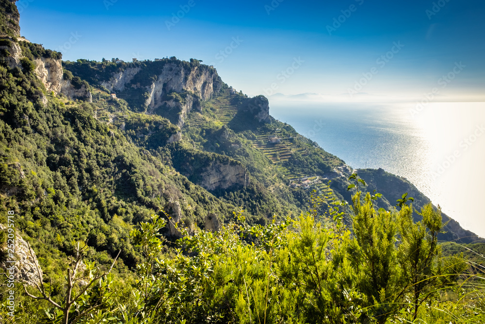 Mediterranean Coast in Amalfi in Italy. Views from Path of the Gods hike.