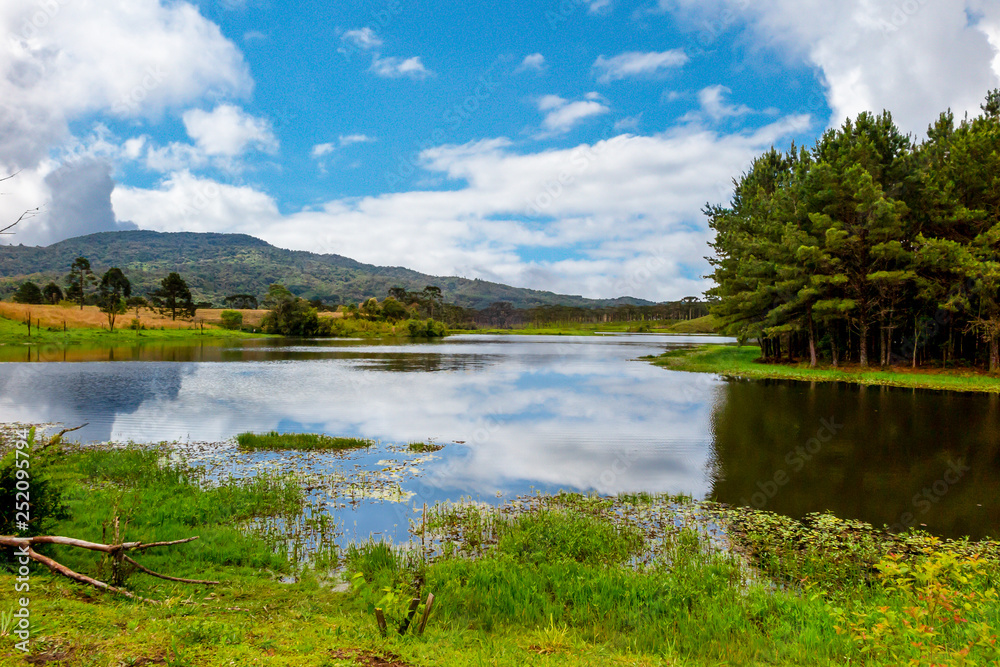 Obraz premium Perimbo dam lake, with many trees and lawn in the surroundings, Petrolandia, Santa Catarina, Brazil
