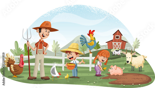 Cartoon people and animals on the farm. Farm background.