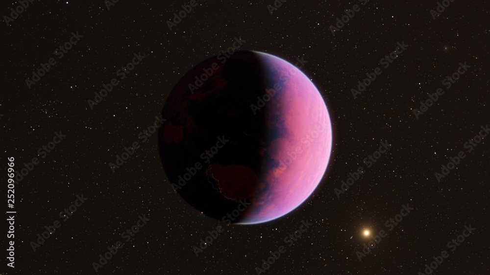 Obraz premium Exoplanet 3D illustrationthe planet pink with blue on the background of the sun the milky way black sky (Elements of this image furnished by NASA)