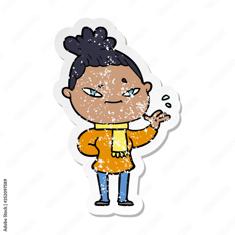 distressed sticker of a cartoon woman distressed sticker of a cartoon woman