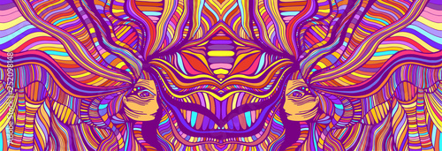 Psychedelic colorfool fantasy caleidoscope girls. Vector hand drawn illustration with fantastic surreal women. Creative doodle style abstract texture.
