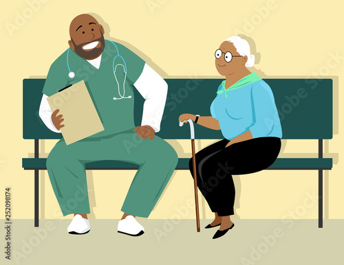 Elderly woman talking to a doctor or a male nurse in scrubs, EPS 8 vector illustration