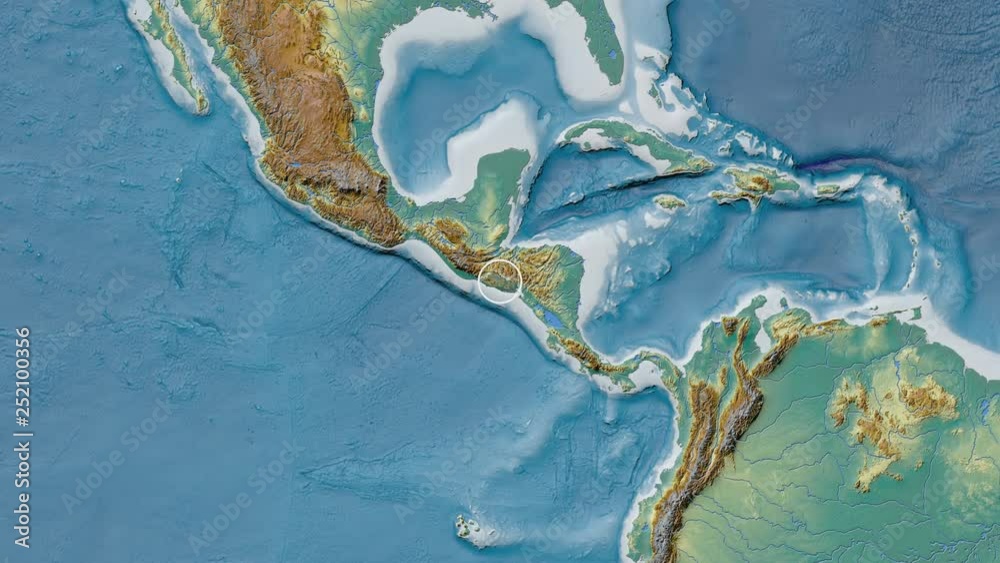 El Salvador area presented against the global relief map in the Fahey projection with animated oblique transformation El Salvador area presented against the global relief map in the Fahey projection with animated oblique transformation