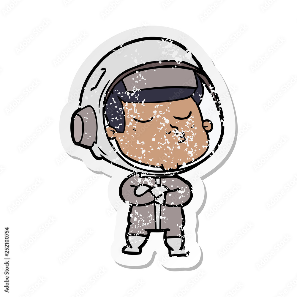 distressed sticker of a cartoon confident astronaut