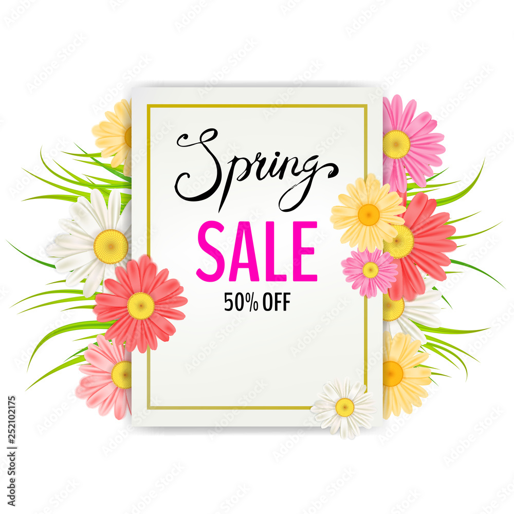 Spring Sale Banner. Hand drawn lettering. Background with chamomile, daisy, leaf and colorful flowers. Vector Design for your greetings card, flyers, web banner , invitation, posters, brochure
