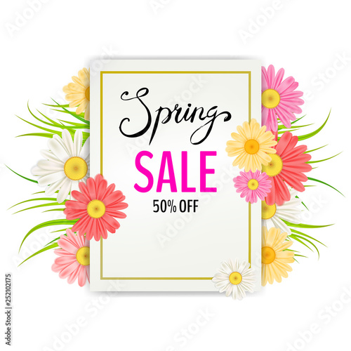 Fototapeta Naklejka Na Ścianę i Meble -  Spring Sale Banner. Hand drawn lettering. Background with chamomile, daisy, leaf and colorful flowers. Vector Design for your greetings card, flyers, web banner , invitation, posters, brochure