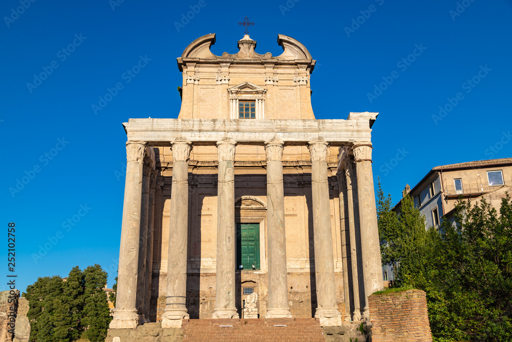 The church of San Lorenzo in Miranda, built in the 17th century within the remains of the Temple of Antoninus and Faustina (Tempio di Antonino e Faustina) in the Forum Romanum, Rome, Italy