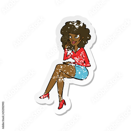 retro distressed sticker of a cartoon office woman sitting