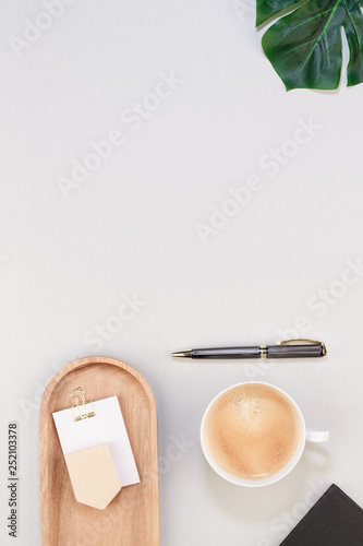 coffee pen business cup paper notepad bowltop view with copy space for your text. flat lay. 