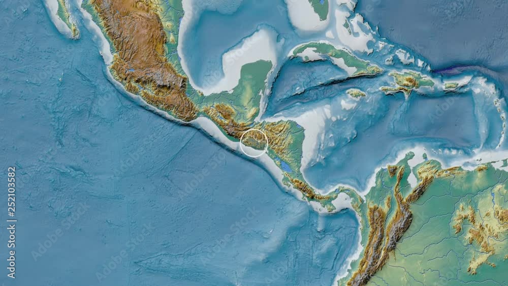 El Salvador area presented against the global relief map in the Kavrayskiy VII projection with animated oblique transformation El Salvador area presented against the global relief map in the Kavrayskiy VII projection with animated oblique transformation