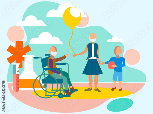 Children have cancer. Pediatric chemotherapy. In minimalist style. Flat isometric vector