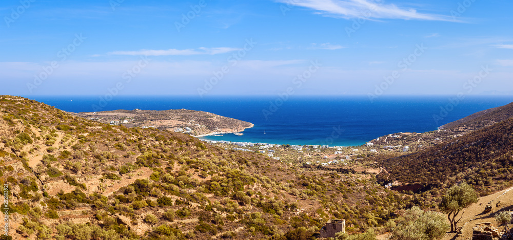 The seaside village of Platis Gialos situated at the south side of Sifnos. Cyclades, Greece
