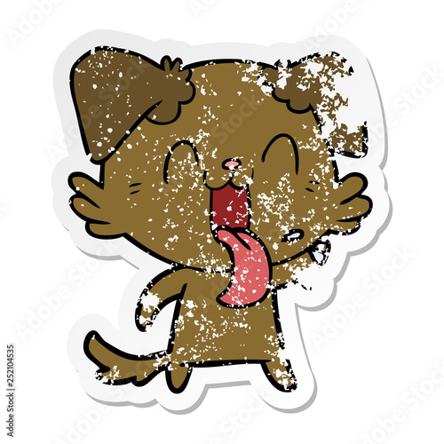 distressed sticker of a cartoon panting dog