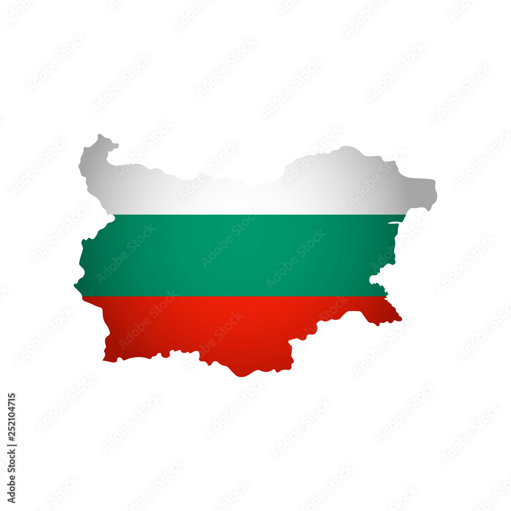 Vector isolated simplified illustration icon with silhouette of Bulgaria map. National Bulgarian flag (white, green, red colors). White background