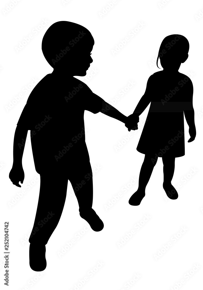 children hand in hand, silhouette vector