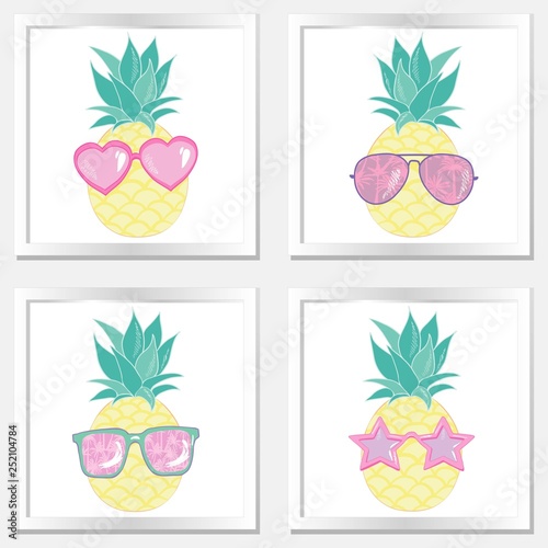 pineapple with glasses design  exotic  background  food  fruit  illustration nature pineapple summer tropical vector drawing fresh