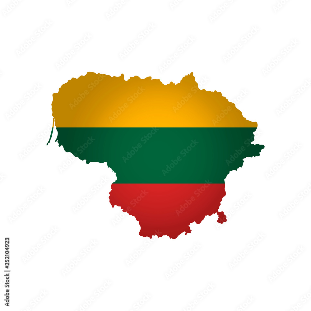 Vector isolated simplified illustration icon with silhouette of Lithuania map. National Lithuanian flag (yellow, green, red colors). White background Vector isolated simplified illustration icon with silhouette of Lithuania map. National Lithuanian flag (yellow, green, red colors). White background