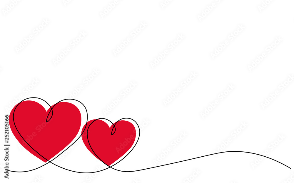 Hearts background one line draw, vector illustration.