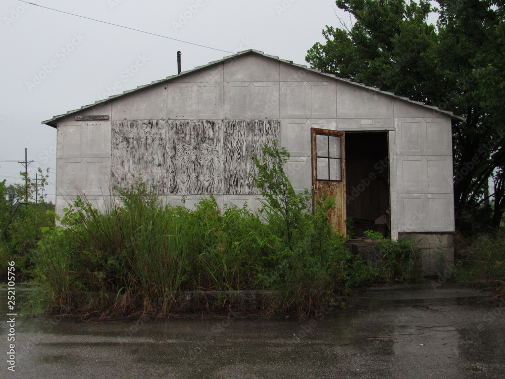 Abandoned building in the rain