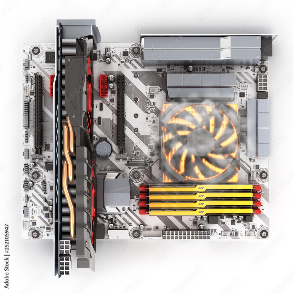 Simulation of CPU overheating Motherboard complete with RAM and video