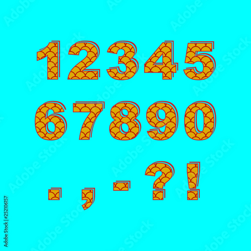 Decorative numbers and punctuation marks. Saturated fish scale pattern. 