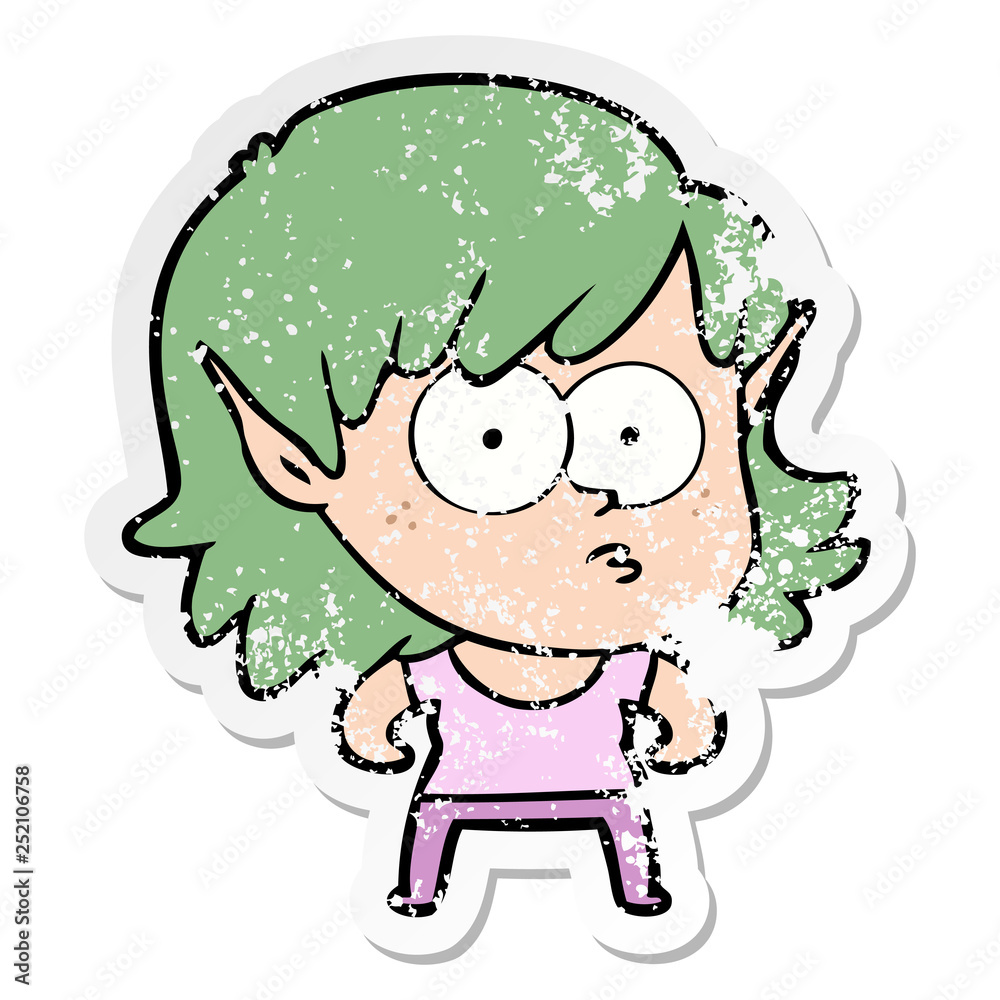 distressed sticker of a cartoon elf girl staring distressed sticker of a cartoon elf girl staring
