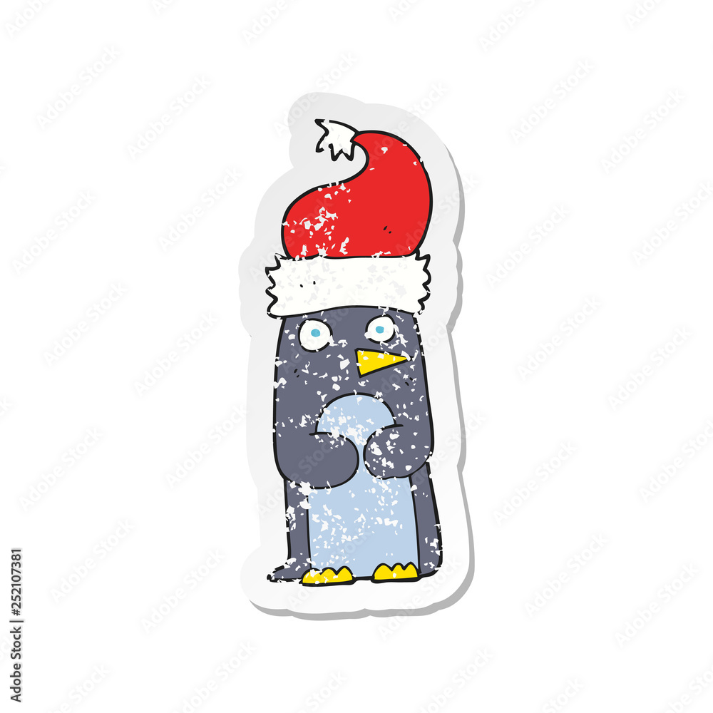 retro distressed sticker of a cartoon penguin in christmas hat retro distressed sticker of a cartoon penguin in christmas hat