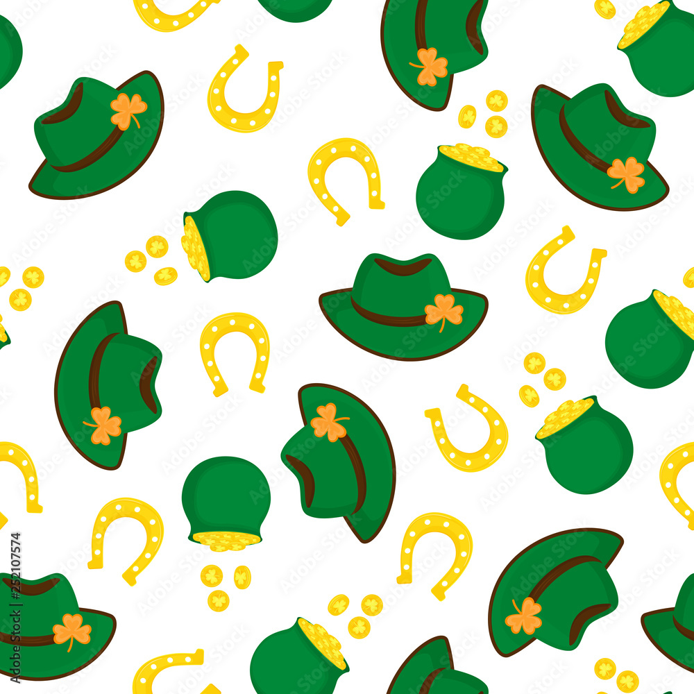 Decorative background to the St. Patrick's Day. Hat, pot of gold coins, horseshoe, clover Decorative background to the St. Patrick's Day. Hat, pot of gold coins, horseshoe, clover