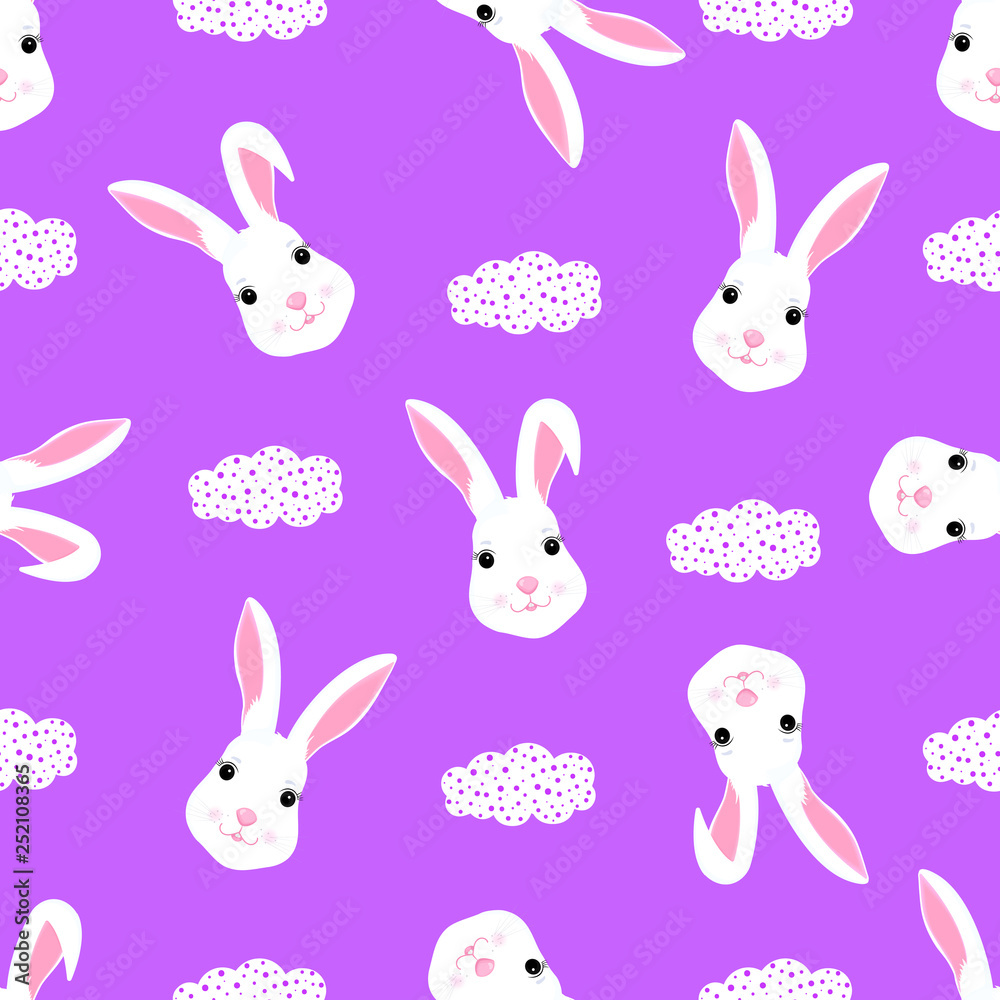 Funny white rabbit baby background for design clothes, nursery. Cute bunny seamless pattern