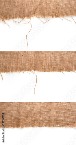 Clean sackcloth fabric worn edges, detail closeup on white background.