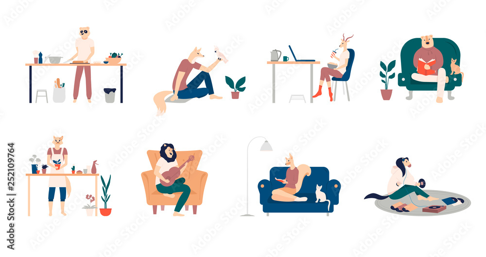Bundle of young men and women spending weekend at home - playing guitar, eating sushi, reading books, surfing internet, listening to music, cooking. Colored vector illustration in flat cartoon style