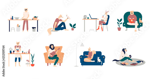 Bundle of young men and women spending weekend at home - playing guitar, eating sushi, reading books, surfing internet, listening to music, cooking. Colored vector illustration in flat cartoon style