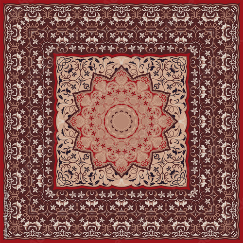 Ancient Arabic pattern. Red Persian carpet with rich ornament for fabric design, handmade, interior decoration, textile.