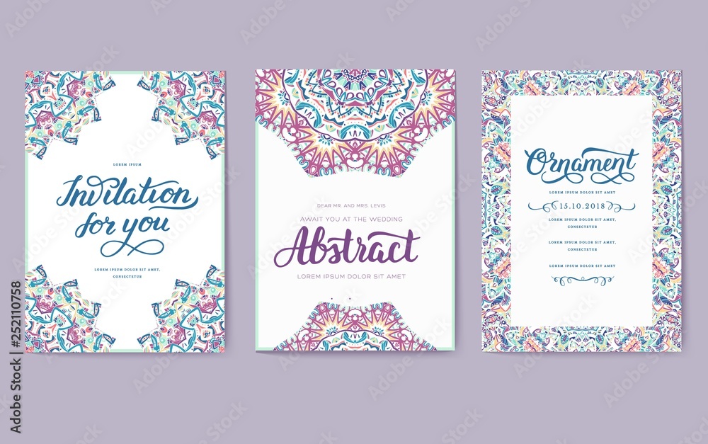 Universal flyer 3x4 with unique decoration. Invitation card for birthday, party or wedding. Traditional illustration design with typography for printing. Vertical festive postcard with invitation text