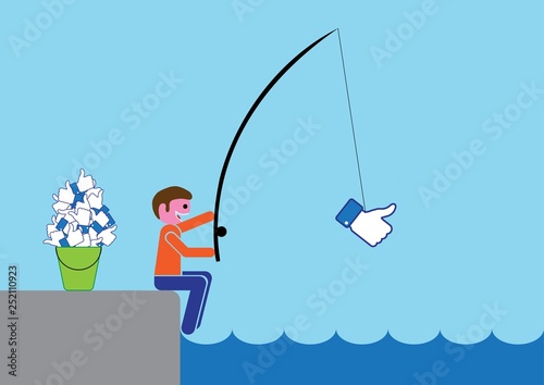 Utente che pesca like dal mare dei social network