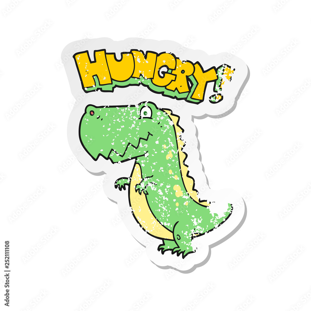 Obraz premium retro distressed sticker of a cartoon hungry dinosaur